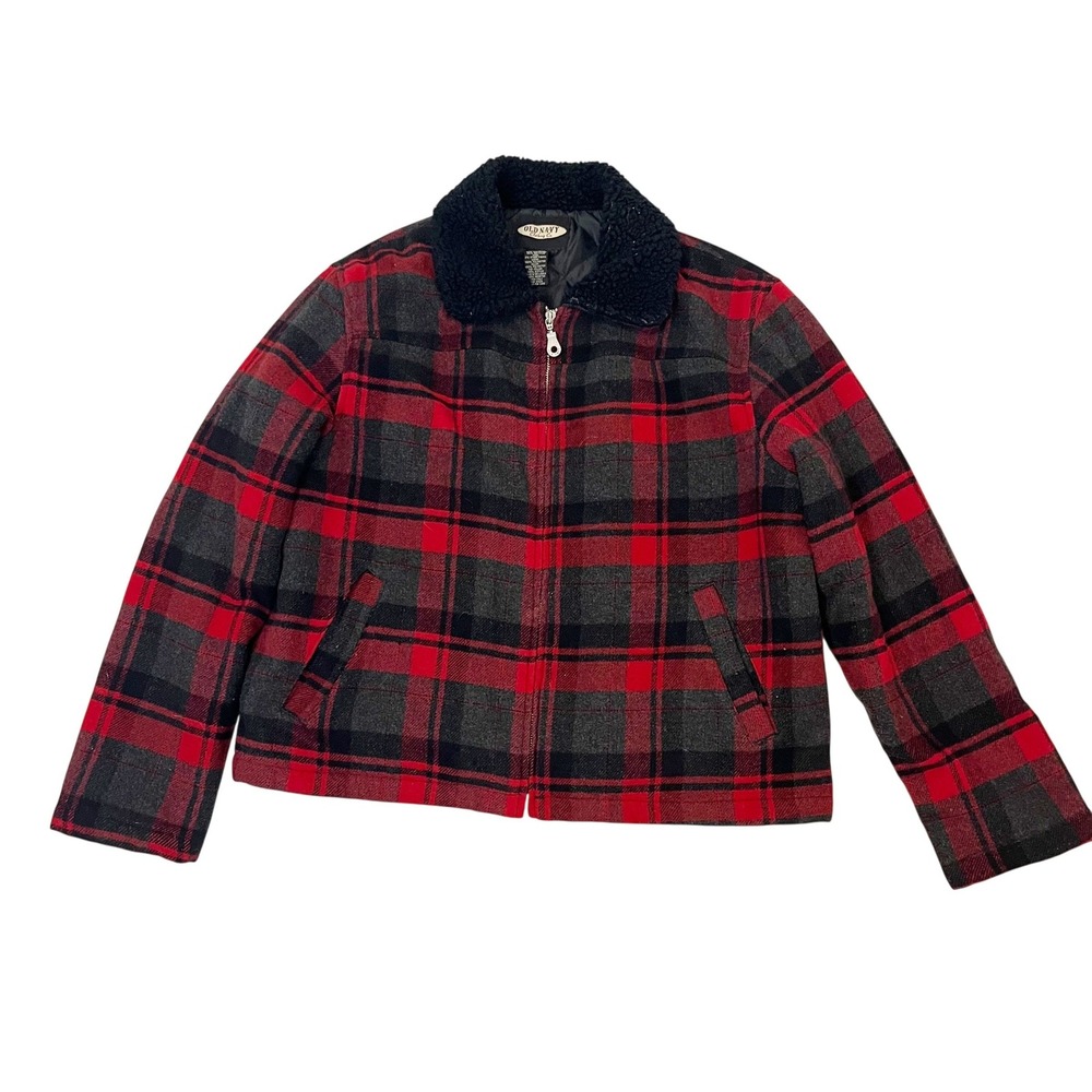 Vintage 90s Old Navy Plaid Wool Blend Jacket Sherpa Collar Red Gray Womens Large